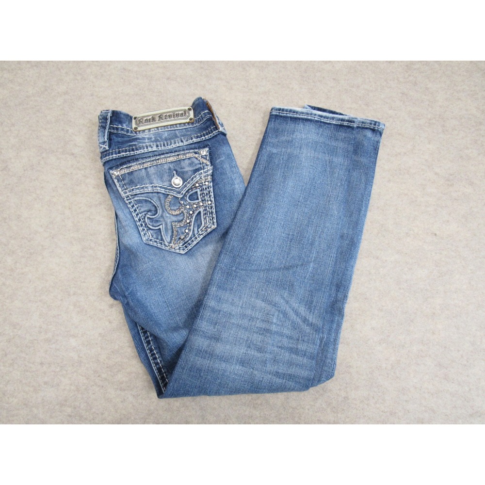 Rock Revival Stacia Ankle Skinny Jeans Medium Wash Distressed Rhinestone Size 30